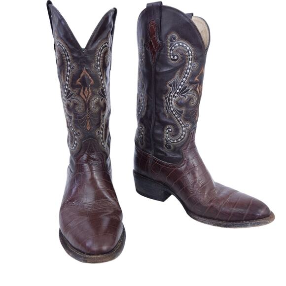 Ferrini Leather Cowboy Western Boots Brown 8.5 Men Pull On Boots Embroidered - Picture 1 of 7